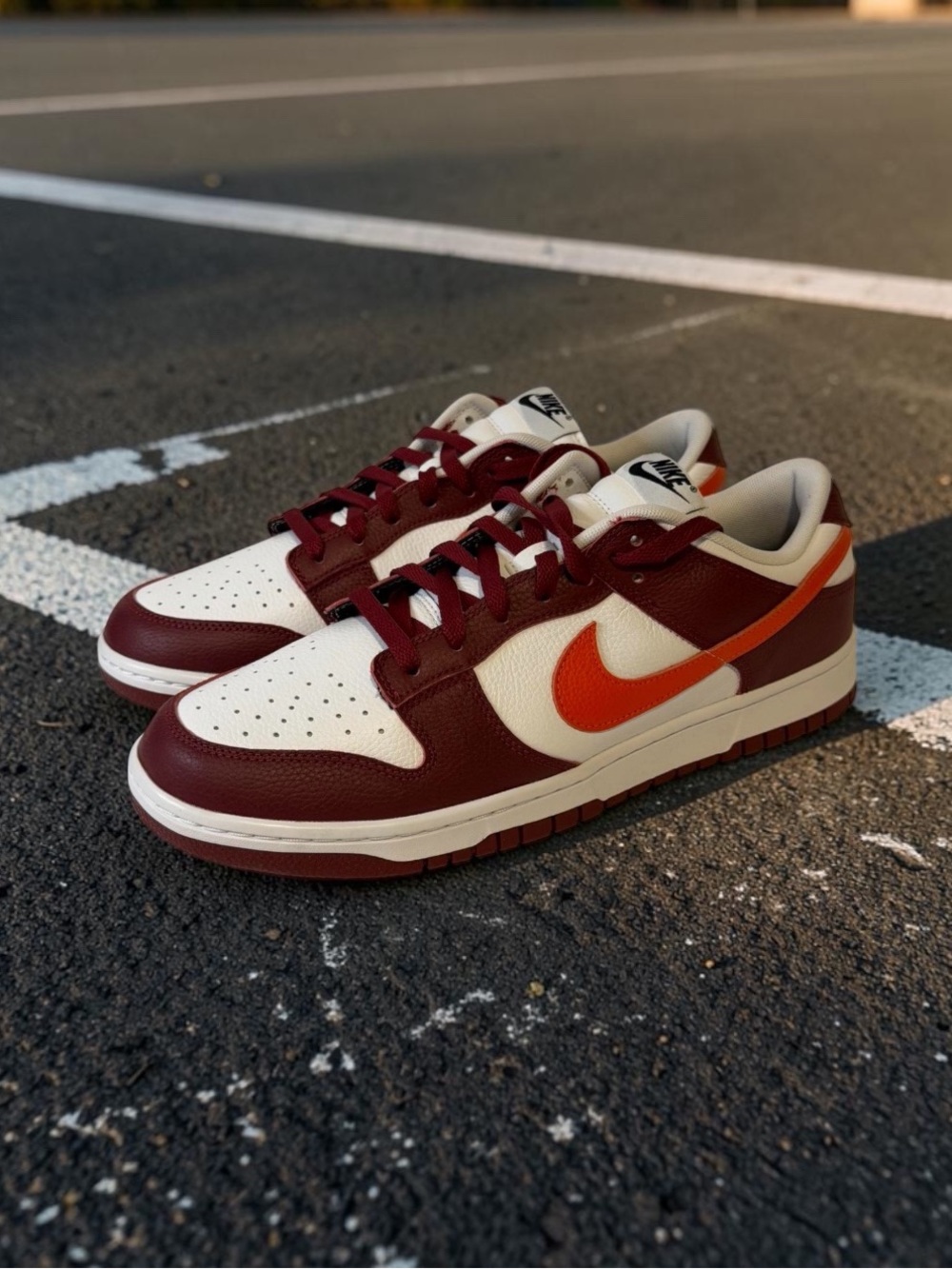 Nike Men’s Dunk Low White Burgundy with Orange Swoosh size 12.5M/14W